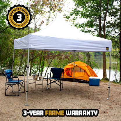 Compact Shelter - 10x10 Heavy Duty Pop Up Canopy - Easy Setup, Commercial Grade Aluminum Frame, 42” Folded Frame Height, UPF 50+, Portable Tent for Beach, Events, Camping, Roller Bag (White)