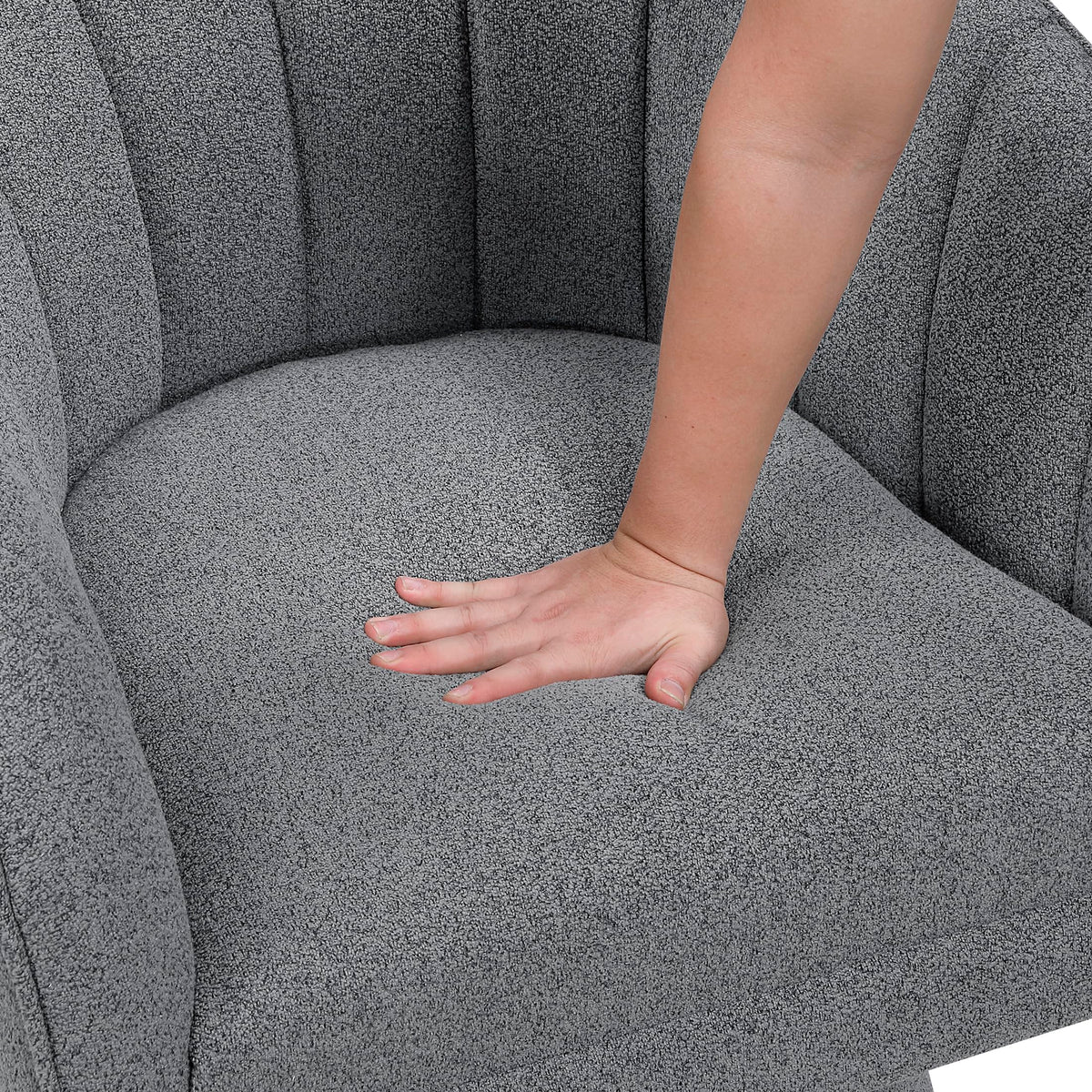 Lexicon Swivel Accent Chair, Boucle Fabric Upholstered Barrel Chair, Channel Stitched Details, Hidden Metal Swivel Seating for Living Room/Office/Apartment, Dark Gray