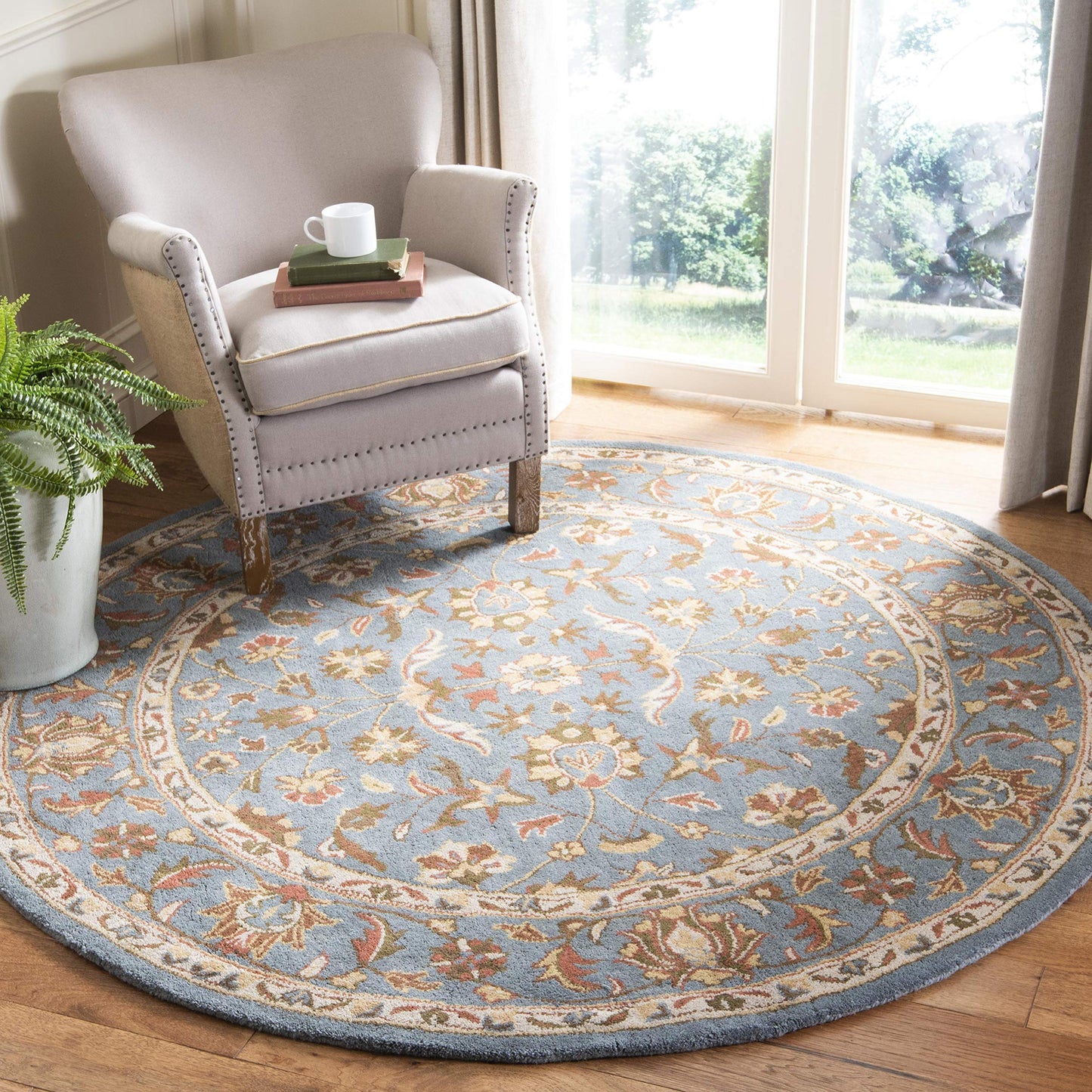 SAFAVIEH Heritage Collection 8' Round Blue / Blue HG969A Handmade Traditional Oriental Premium Wool Area Rug