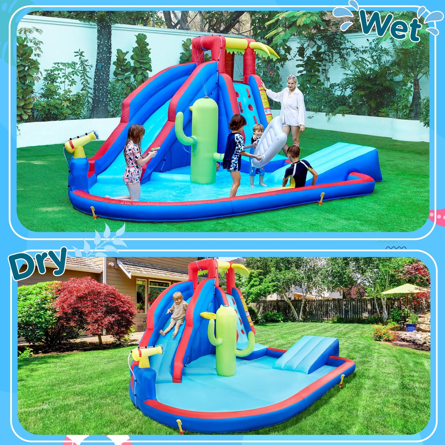 Yaheetech Inflatable Water Slide, Blow Up Water Slide Park Castle for Kids Aged 3-10 w/Splash Pool, Water Cannon, Ring Toss, Basketball, Surfboard and Climbing Wall, Water Slide with 520W Blower
