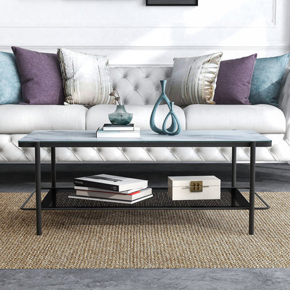 Furniture of America Basil Industrial 1-Shelf, Faux Marble Top Steel 48 in. Rectangle Coffee Table for Living, Bedroom, Reception Room, Black and White