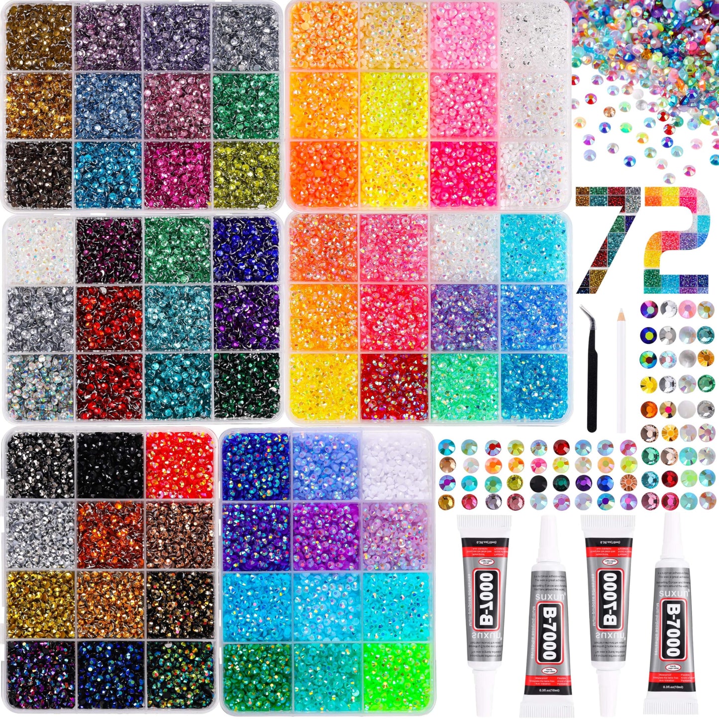 LERBOU 45000pcs Bedazzling Kit with 6 Box - 72 Colors Resin Jelly Rhinestones, 4×10ml B7000 Jewelry Glue Multicolor 3mm Flatback Sparkling Gems for Nail Art, Crafts, Clothing, Diamond Painting