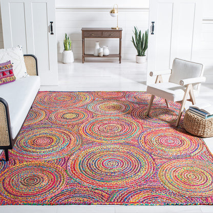 SAFAVIEH Cape Cod Collection Area Rug - 9' x 12', Red & Multi, Handmade Boho Braided Circles Jute & Cotton, Ideal for High Traffic Areas in Living Room, Bedroom (CAP203A)