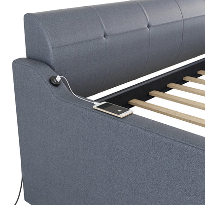 GDFStudio Twin Size Upholstered Daybed with Trundle and USB Charging Port, Pop-Up Trundle Flat or Elevated, Woven Fabric Day Bed Frame with Backrest and Armrests, Gray