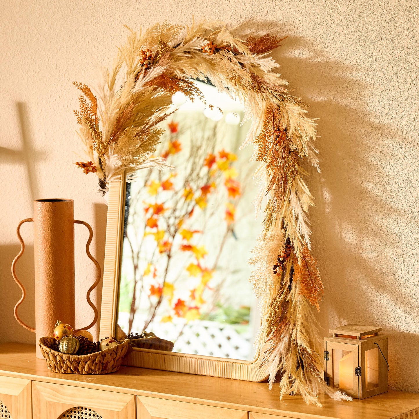 DecorbyHannah Fall Garland for Mantle with Lights, 6ft Pre-Lit Light Up Artificial Faux Pampas Grass Garland with Pine Branch Berry Thanksgiving Decor for Indoor Home Table Mantle Decoration