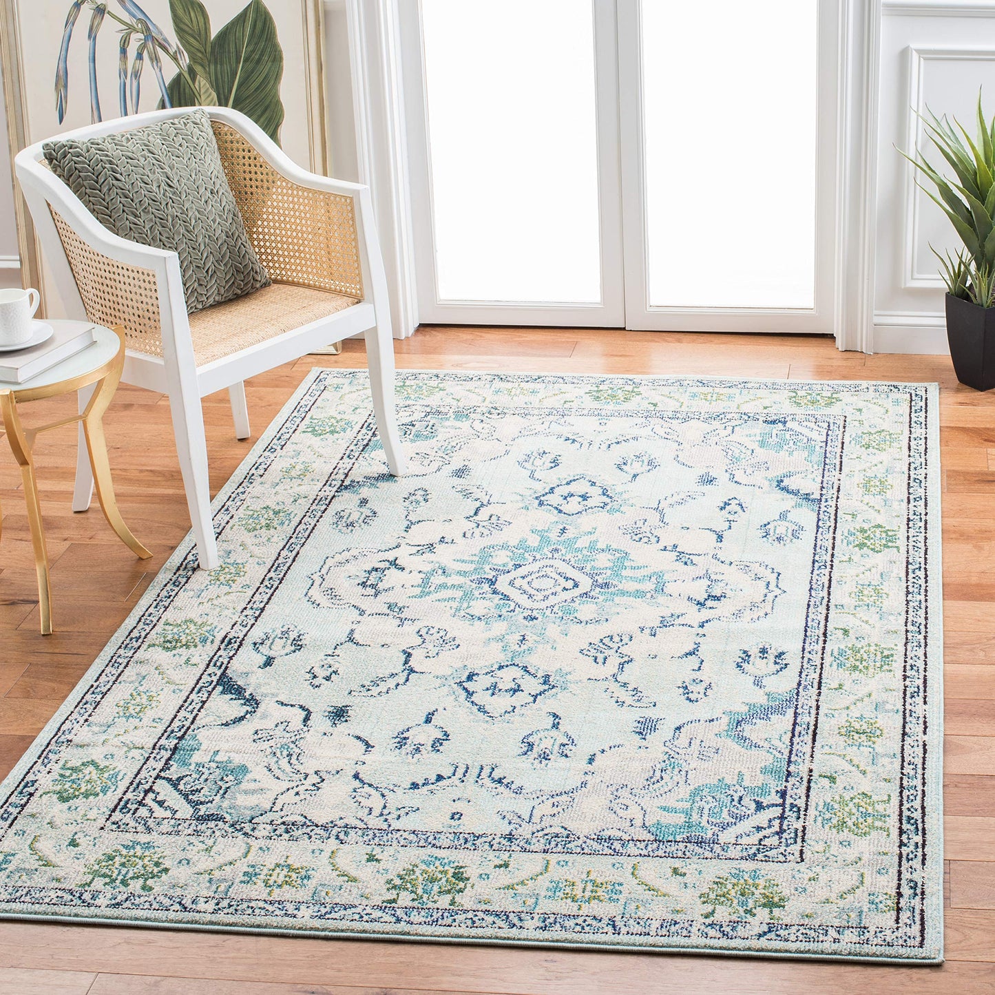 SAFAVIEH Monaco Collection Area Rug - 9' x 12', Light Blue & Ivory, Non-Shedding & Easy to Clean, Distressed Medallion Design, Ideal for Living Room, Bedroom, Dining Space (MNC243K)