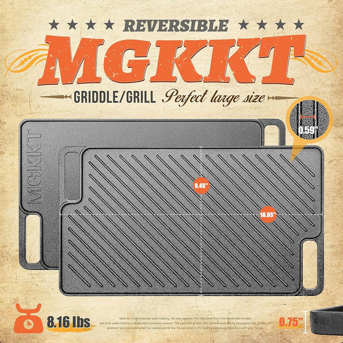Reversible Pre-Seasoned Cast Iron Griddle Plate | 1-Piece 16.50 Inch Grill Pan for Gas Stovetop & Oven Use