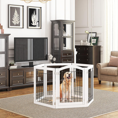 PAWLAND 144-inch Extra Wide 30-inches Tall Dog gate with Door Walk Through, Freestanding Wire Pet Gate for The House, Doorway, Stairs, Pet Puppy Safety Fence, Support Feet Included, White,6 Panels
