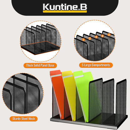 Kuntine.B Desk File Organizer Upright Mesh Desktop Organizer File Sorter Office Organization File Holder for Home, Office & Classroom (Black, 1 Pack 5-Section)