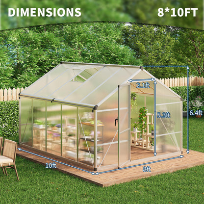 Garvee 8 x 10 FT Greenhouse, Greenhouses for Outside, Polycarbonate Greenhouse with Aluminum Frame, Lockable Door and Ajustable Roof Vent for Backyard, Green Houses for Outside Garden Backyard, Patio