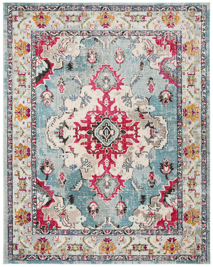 SAFAVIEH Monaco Collection Area Rug - 9' x 12', Light Blue & Fuchsia, Non-Shedding & Easy to Clean, Distressed Medallion Design, Ideal for Living Room, Bedroom, Dining Space (MNC243J)