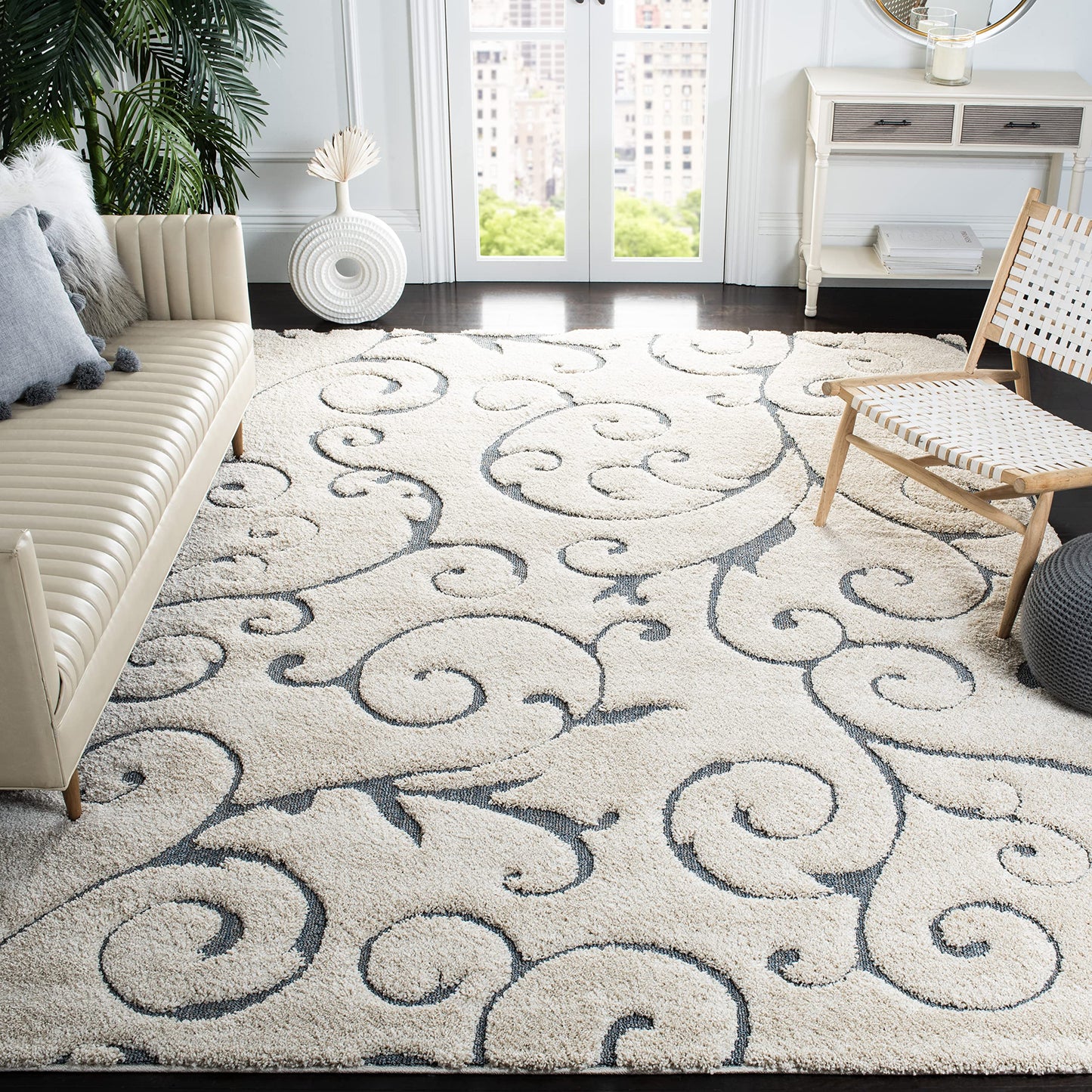 SAFAVIEH Area Rug 8x10 - Florida Shag Collection - Large - Beige & Blue Grey, Scroll Design, Non-Shedding & Easy to Clean, High-Low Plush Pile, Ideal for Living Room, Bedroom, Dining (SG455-1155)