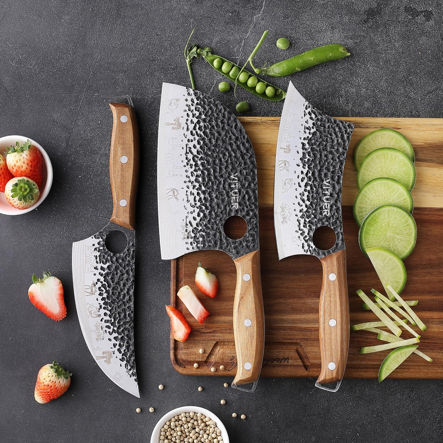 3PCS Butcher Knife Set, Hand Forged 7" Butcher Meat Cleaver, 7" Serbian Chef and 6.5" Viking Knife, Great for Indoor & Outdoor (Stylish Pattern Design)