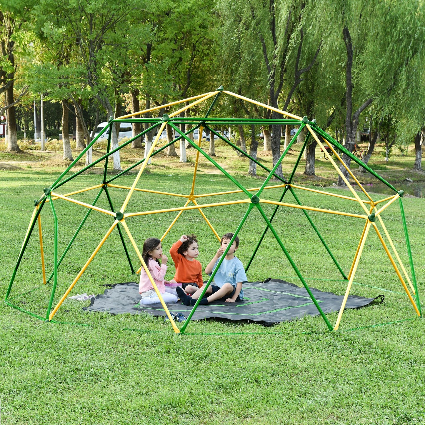 13ft Large Kids Climbing Dome Geometric Jungle Gym Play Structure with 1000 LB Capacity Green & Yellow Outdoor Play Equipment for Backyard Weather-Resistant Steel Frame