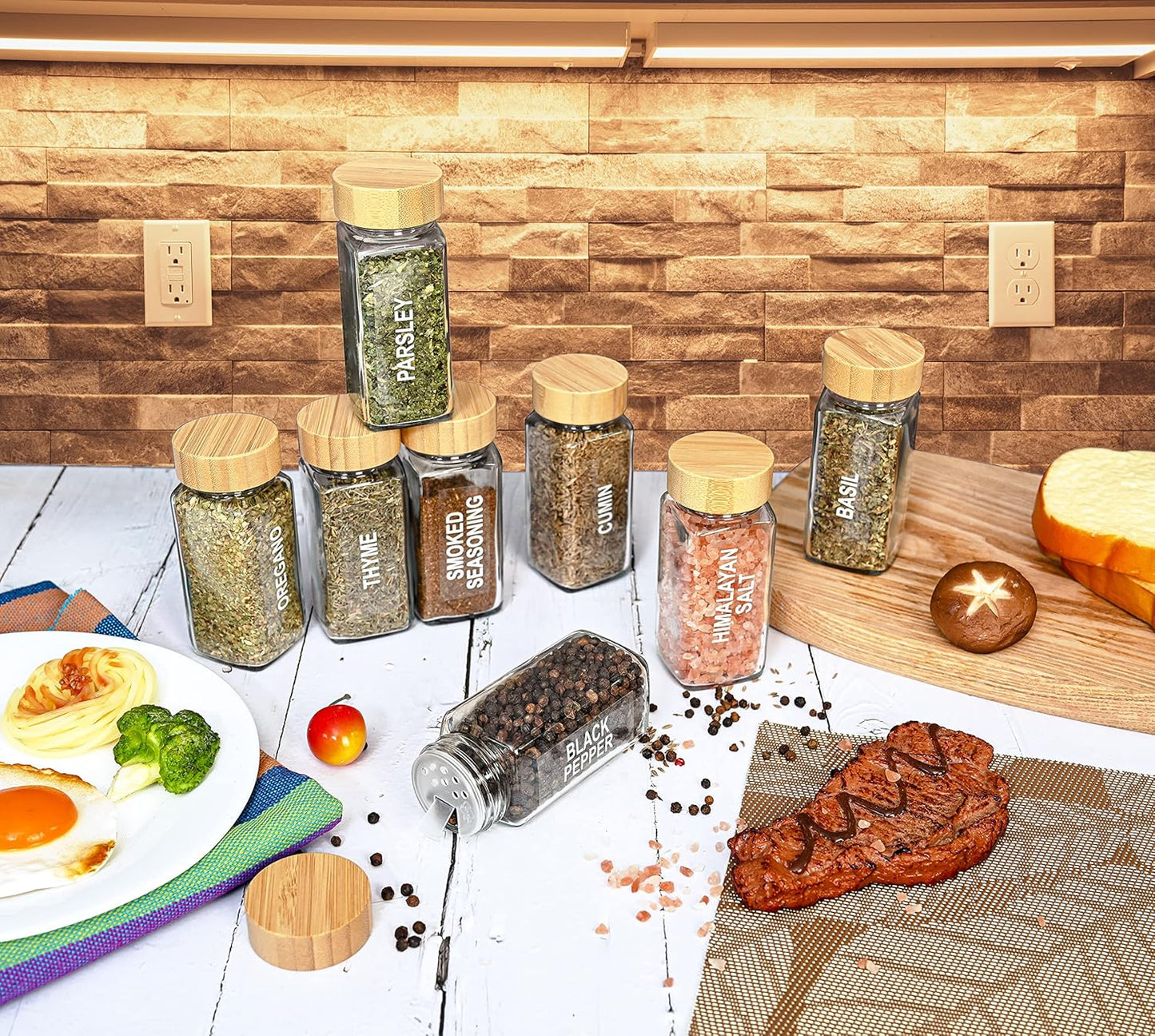 Set, Sets Glass Spice Jars with Label Bamboo Lids & Funnel - Kitchen Airtight Storage Jars with Lids - Spices