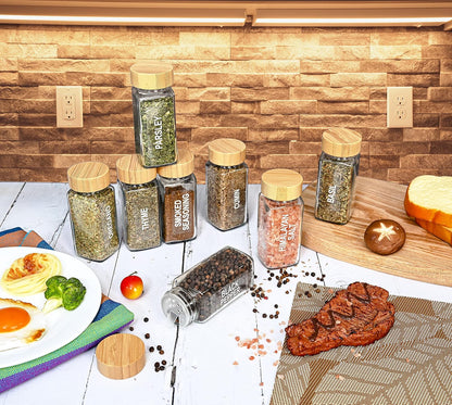 24-Piece Set Spice Jars by Le'raze: Glass Jars with Bamboo Lids, Labels & Funnel, Airtight Kitchen Storage