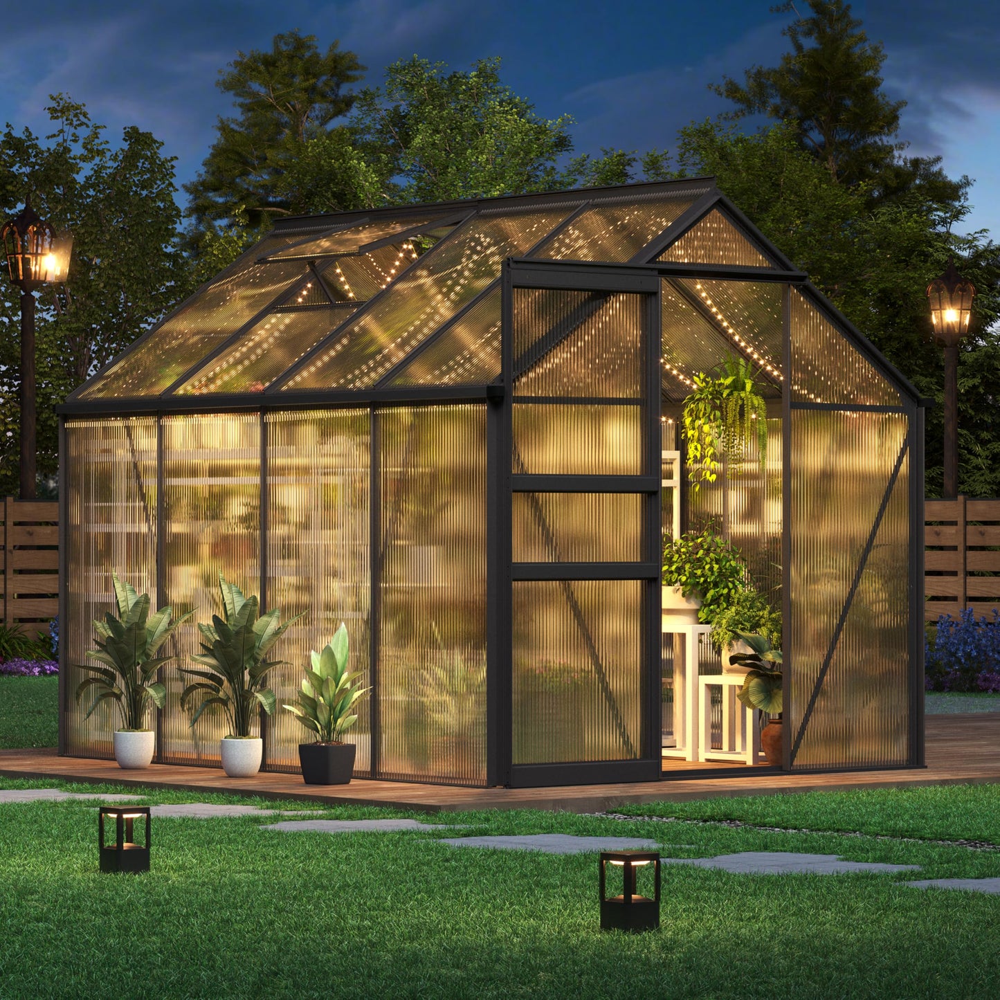 Garvee 6x8 Ft Polycarbonate Greenhouse - Free-Standing Greenhouse for Outdoors with Rust-Resistant Aluminum Frame, Gutter System & Roof Vent, Ideal for Seed Starting & All-Season Plant Protection