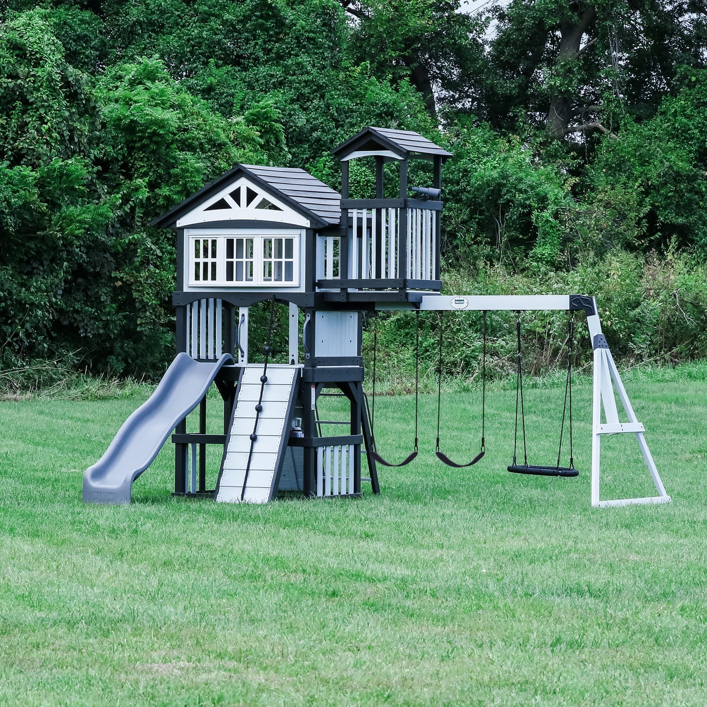 Backyard Discovery Whispering Point Light Gray Cedar Wood Swing Set with Wave Slide, Clubhouse, Crows Nest, Play Kitchen, Belt Swings, Web Swing, Rock Wall, Playhouse, Ladder, Windows, Outdoor Playset