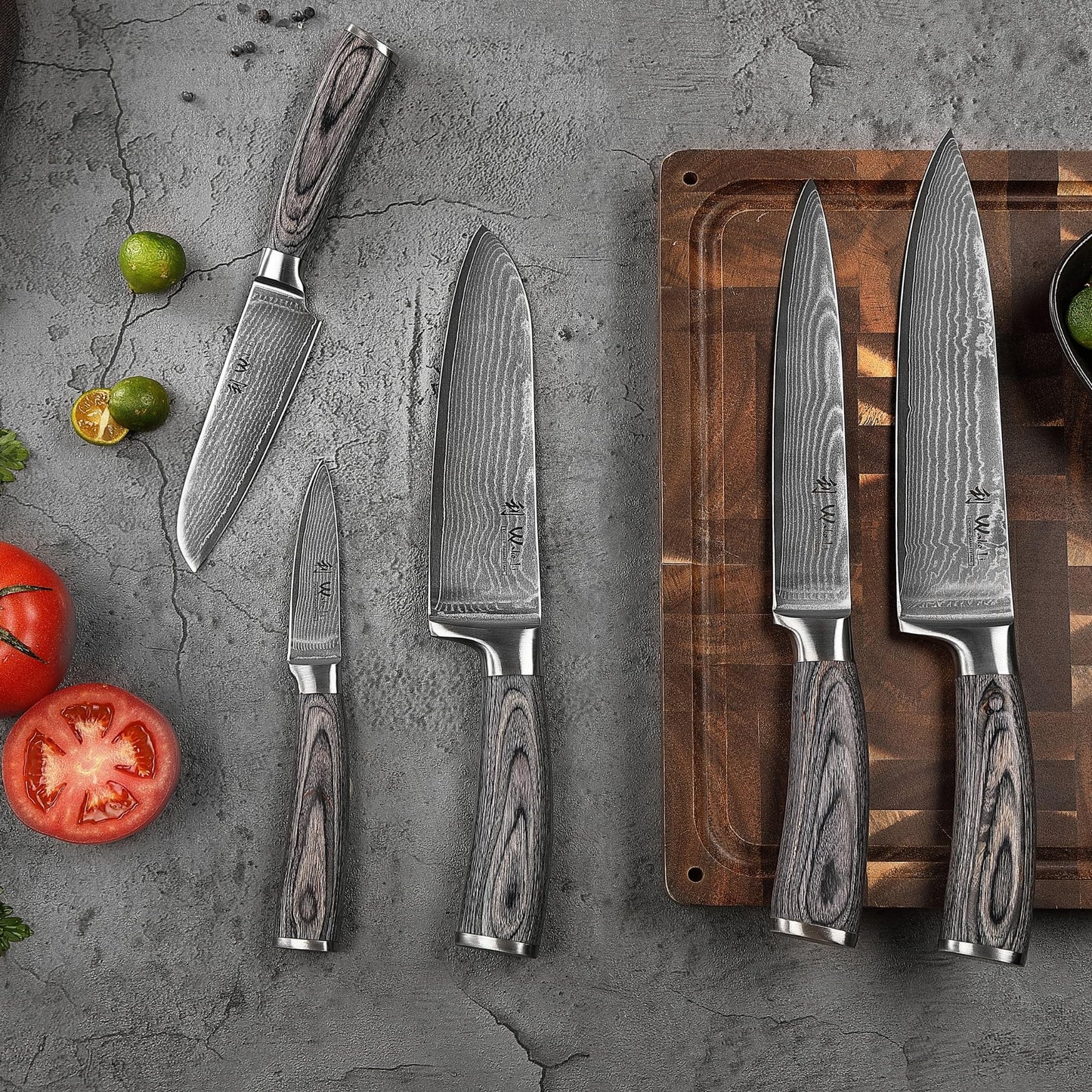 Wakoli EDIS 5-Piece Damascus Kitchen Knife Set – Professional Kitchen Knives with VG10 Core, 67-Layer Damascus Steel Blades and Ergonomic Pakkawood Handles – Premium Chef Knife Set in Gift Box