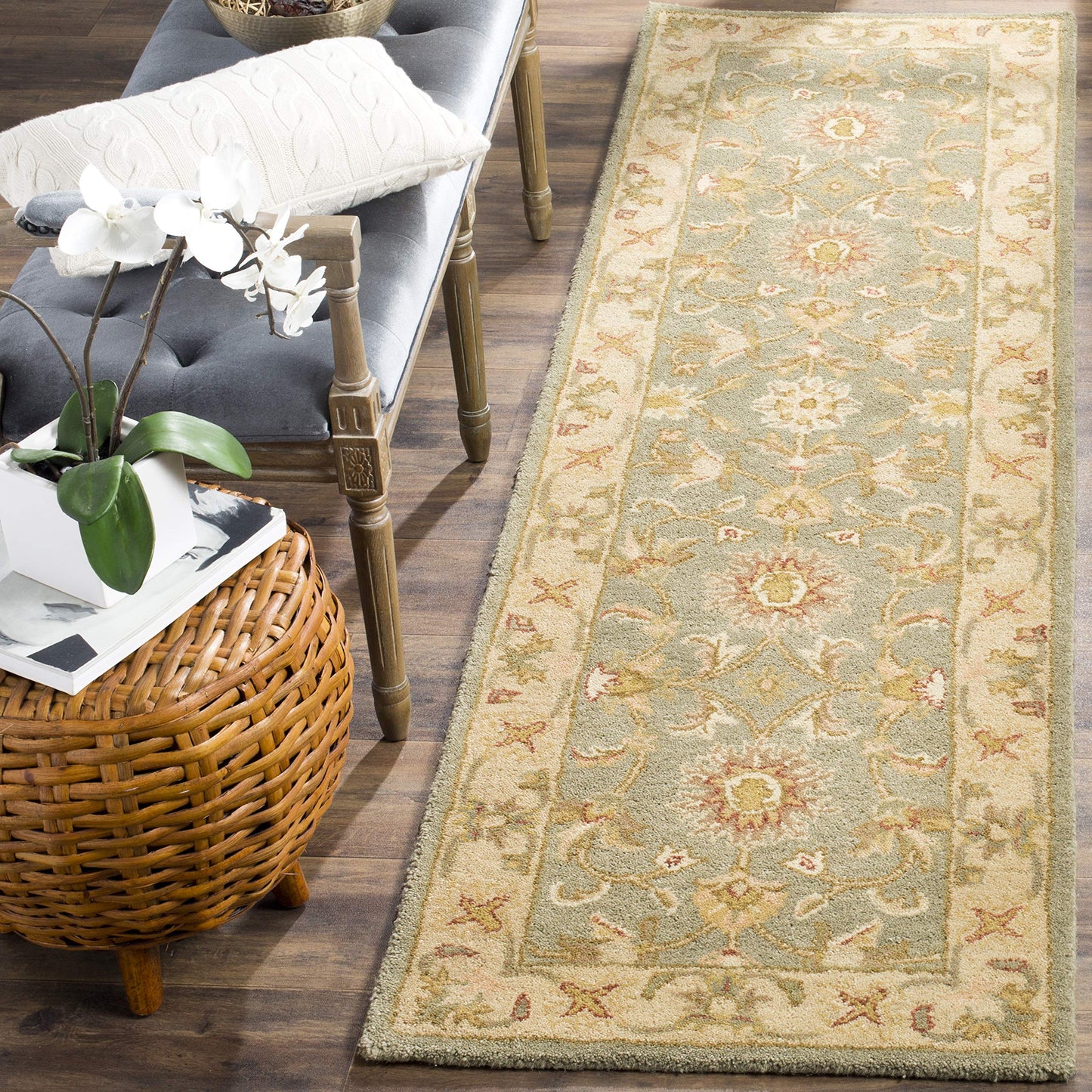 SAFAVIEH Antiquity Collection Runner Rug - 2'3" x 20', Green & Gold, Handmade Traditional Oriental Wool, Ideal for High Traffic Areas in Living Room, Bedroom (AT313A)