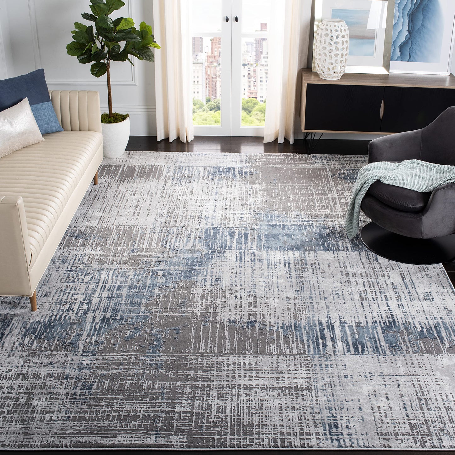 SAFAVIEH Craft Collection Area Rug - 10'6" x 14', Grey & Blue, Modern Abstract Design, Non-Shedding & Easy Care, Ideal for High Traffic Areas in Living Room, Bedroom (CFT874F)