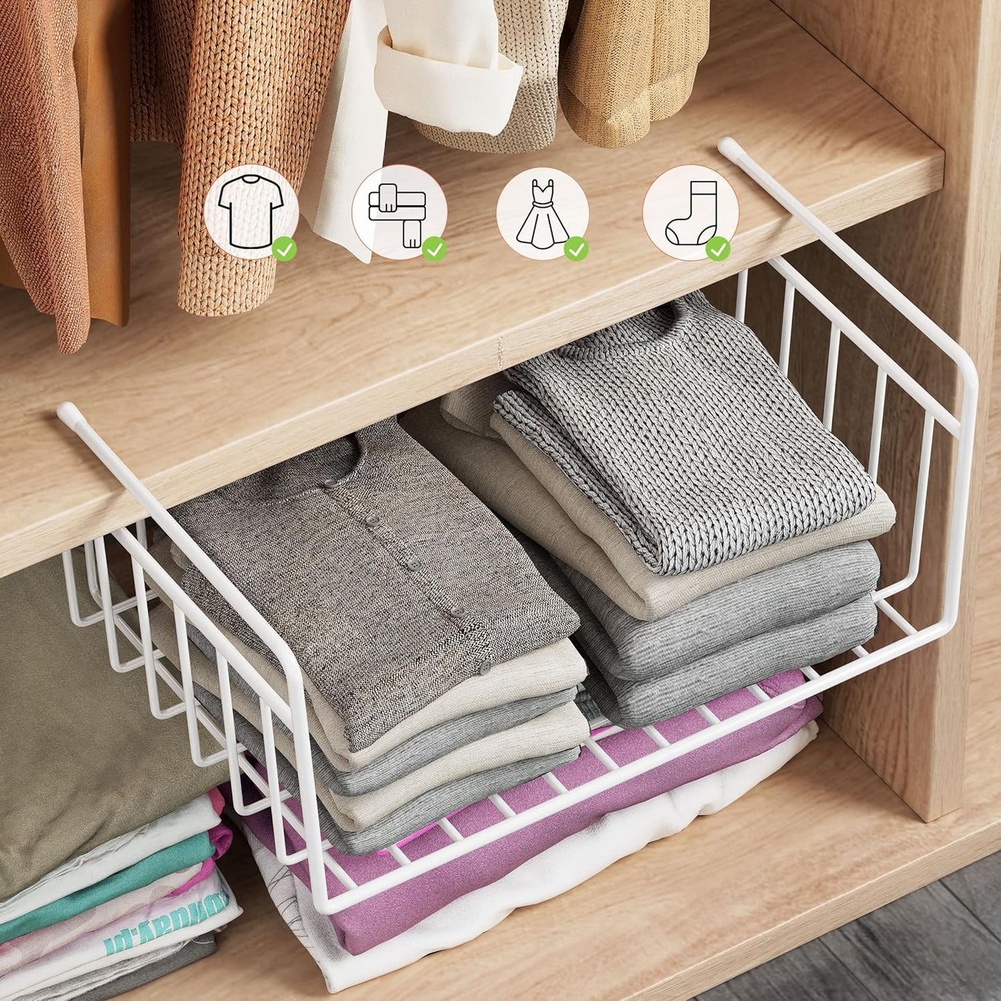 SUFAUY Under Shelf Basket Organizer, Holds up to 22lbs, Kitchen Pantry Storage Bin, White, 4 PCS