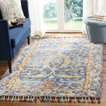 SAFAVIEH Area Rug 8x10 - Aspen Collection - Large - Blue & Rust, Handmade Wool, Boho Braided Tassel Design, Ideal for Living Room, Bedroom, Office, Dining Space (APN116M)