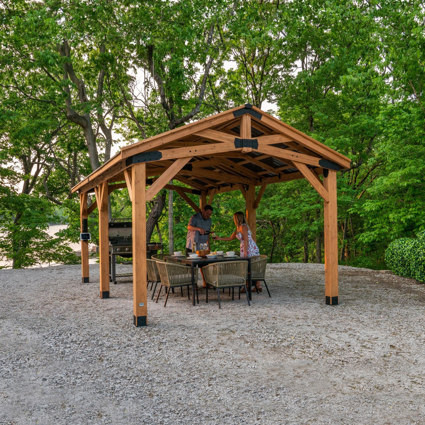 Backyard Discovery Norwood 24' x 12' Cedar Wood Outdoor Gazebo Pavilion with Hardtop Galvanized Steel Peak Roof, Snow Support, Wind Resistance, PowerPort, Shade for Garden, Patio, Deck, Entertaining